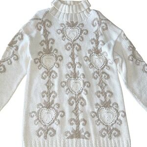Vintage Hand Knit Sweater Womens S Express Tricot Cream Hearts Mock Neck 90s